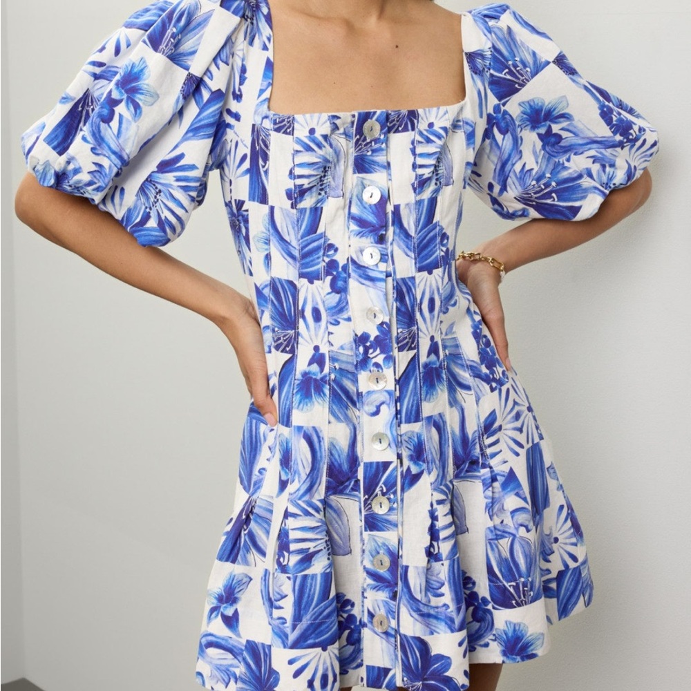 Farm Rio Garden Tiles Blue and White Linen Ruffled Mini Sundress. Brand New